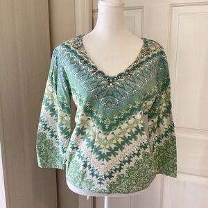 Hearts of Palm Teal and White Patterned Blouse